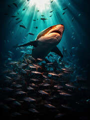 Swarm of colorful fish and a lone shark in a coral reef, underwater, dramatic shadows, teal and...