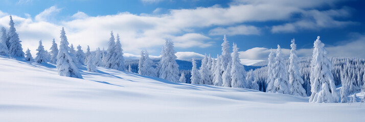 mountain landscape, range after a snowstorm, untouched snow on trees, bluebird sky