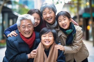 Fototapeta premium Big Asian family together. Family photo of joyful children and old people. Children and grandchildren visit elderly parents. Family traditions. Friendly family.
