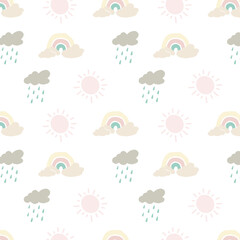 Seamless vector pattern with drawn rainbow, sun and clouds. Scandinavian childish texture for fabric, capes, textiles, wallpaper, clothing. Illustration on a white background