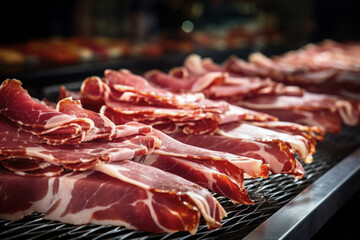 Meat processing plant. Slices of fresh bacon and mint slices on a conveyor belt in the workshop. Arrival of jamon or cold cuts. Production of pork or beef in a modern enterprise.