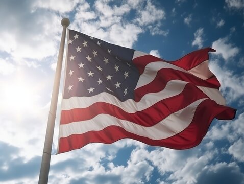 American flag fluttering against sky background
