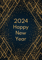 2024 Happy New Year, golden glitter, geometric line elements on a dark background, with text. Flat style vector illustration. Abstract design. Concept for holiday greeting card, poster, banner, flyer