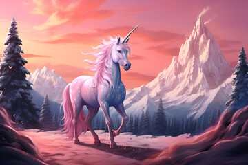 Wonderful portrait of a snow-white unicorn with a pink mane in a magical mountain landscape	 - obrazy, fototapety, plakaty