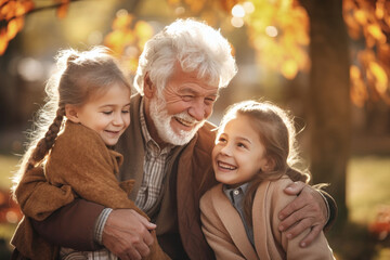 Fototapeta premium Meeting of grandfather and grandchildren. An elderly man and his grandchildren are happy together. They hug and rejoice at meeting each other. Caring for the elderly. Children visit old people.