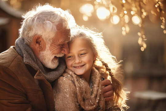 An Elderly Man With A Little Girl In The Park. They Hug, Have Fun And Rejoice At The Meeting. Meeting Of Granddaughter And Her Grandfather. Caring For The Elderly. Family Values.