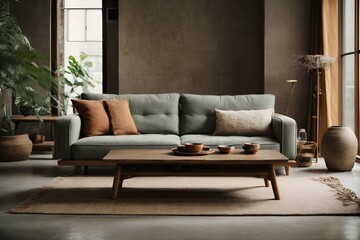 Wabi-sabi style furniture modern interior with including sofa and coffee table. Generative ai.