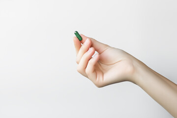 hand holds a green pill on a gray background. natural medicines and detox diet concept