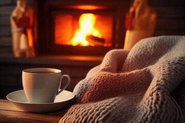 A Cup of Coffee or Tea on a Cozy Winter Evening Near the Fireplace