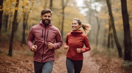 Smiling young active couple jogging together in the autumn natural park, with copy space.