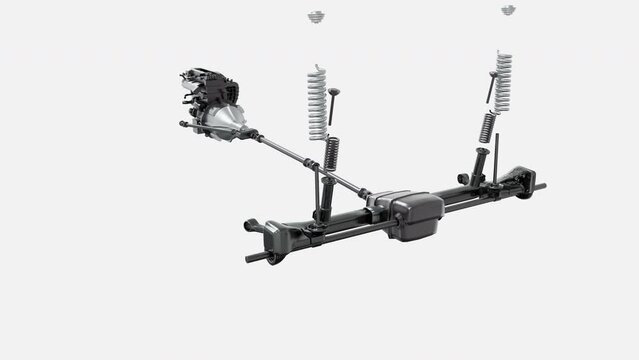 Animated Automotive Industry Car Suspension Details Assembly. Assembling Components For Automotive Industry Automobile Part Manufacturing. Automotive Industry Concept. Assembly Of Wheels