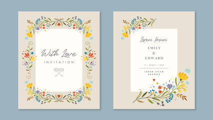 Beautiful invitation with flowers, petals, butterflies. Elegant invitation in vector. Flat style.