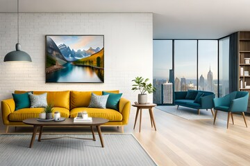 TV screen on the green wall in modern living room. 3d illustration