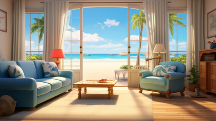 Fototapeta na wymiar A living room with beach view, 3d rendered landscape