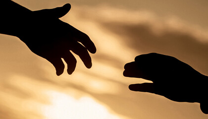 Outstretched hands, salvation, help silhouette, concept help. Rescue, helping gesture or hands. Two hands silhouette on sky background, connection or help concept