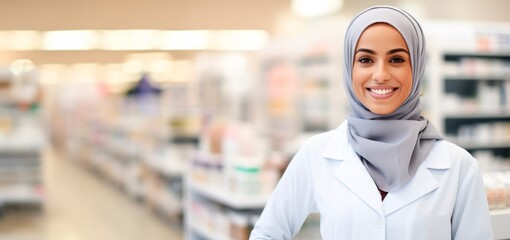 Fototapeta na wymiar smiling african islamic pharmacist in drug store 