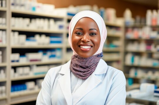 smiling african islamic pharmacist in drug store  