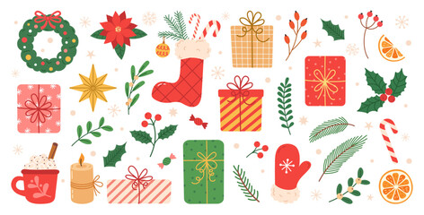Set of Christmas hand drawn decorations.  Wreath, Holly, gifts, branches spruce, red berries, christmas stocking, cup cacao. Perfect for scrapbooking, greeting card, invitation, poster, stickers.