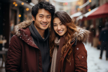 Beautiful Asian couple having wonderful time on traditional Christmas market on winter evening. Woman and man enjoying themselves in Christmas town decorated with lights. - obrazy, fototapety, plakaty