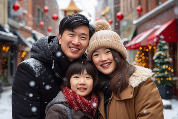 Asian family with a kid having wonderful time on traditional Christmas market on winter evening. Parents and child enjoying themselves in Christmas town decorated with lights.