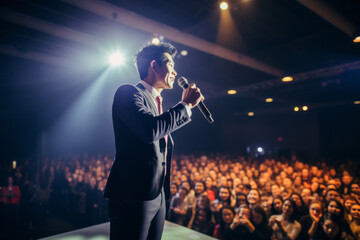 Handsome Asian motivational speaker holding a microphone in front on an audience. Man in a spotlight talking to a crowd.