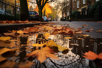 Colourful autumn leaves in a puddle on rainy fall day in London.