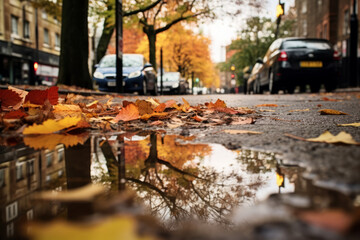 Colourful autumn leaves in a puddle on rainy fall day in London. - obrazy, fototapety, plakaty