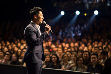 Handsome Asian motivational speaker holding a microphone in front on an audience. Man in a spotlight talking to a crowd.