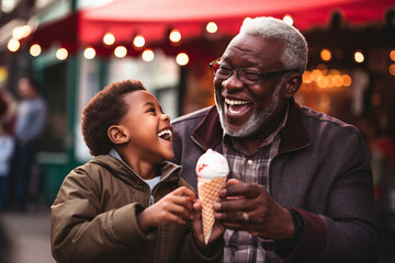 Cheerful black grandfather and grandchild eating ice cream outdoors on sunny summer day. Granddad sharing a dessert with a child in outdoor cafe. - obrazy, fototapety, plakaty