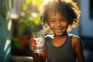 Pretty little back child drinking fresh water on sunny summer day at home. Cute preschool kid holding glass of pure mineral water. Healthy lifestyle for kids. - obrazy, fototapety, plakaty