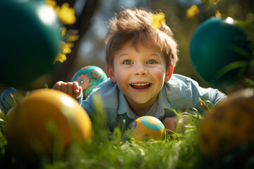 Fototapeta na wymiar Cute little child playing Easter egg hunt on sunny spring day. Easter traditions.