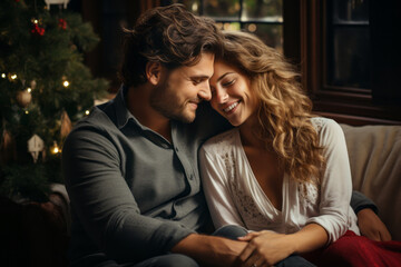 Happy young couple cuddling in their living room on Christmas. Attractive man and woman spending time together on festive season.