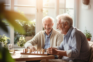 Two senior friends in a retirement home. Elderly men playing table game in a nursing home. Housing facility intended for the elderly people. - obrazy, fototapety, plakaty