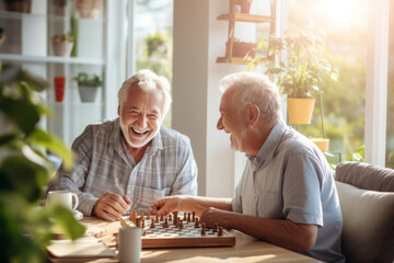 Two senior friends in a retirement home. Elderly men playing table game in a nursing home. Housing facility intended for the elderly people.