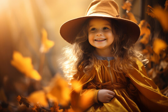 Cute little girl dressed in witch costume for Halloween. Child wearing spooky Halloween make-up. Kids trick or treating outdoors.