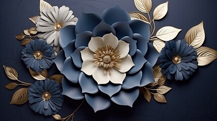 Fantastic delicate blue and white flowers and leaves with gold on a blue background