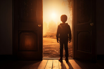Little boy opening the door to the light in darkness. Entering the unknown.