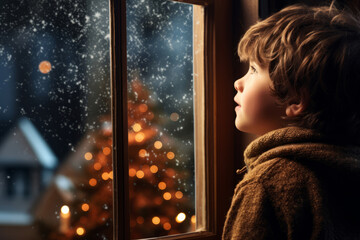 Cute little boy sitting by the window on Christmas eve. Child looking at the Christmas tree outside. Celebrating holiday at home. Traditional festive season.