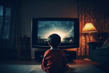 Back view of a little boy sitting in front of tv. Child watching television in dark living room. Films and movies for family. Appropriate content for kids.