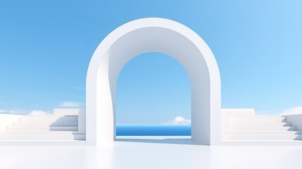 arched door entrance near abstract building with blue sky, minimalist stage design style