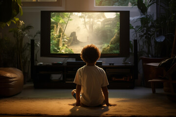 Back view of a little boy sitting in front of tv. Child watching television in dark living room. Films and movies for family. Appropriate content for kids. - obrazy, fototapety, plakaty