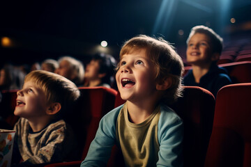 Group of kids watching a movie in cinema. Children with excited expressions on their faces.
