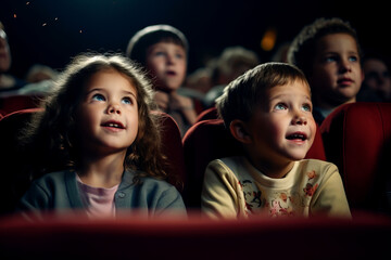 Group of kids watching a movie in cinema. Children with excited expressions on their faces. - obrazy, fototapety, plakaty