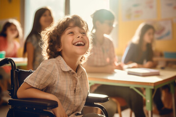 Cheerful little boy sitting in a wheelchair in kindergarten. Disabled child learning new skills with his typical peers. Education for special needs children.