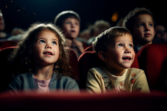 Group of kids watching a movie in cinema. Children with excited expressions on their faces.