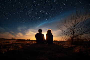 Silhouettes of a young couple admiring beautiful view on sunset. Man and woman looking at scenic...