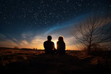 Foto op Aluminium Silhouettes of a young couple admiring beautiful view on sunset. Man and woman looking at scenic night landscape. Lovers stargazing. © MNStudio