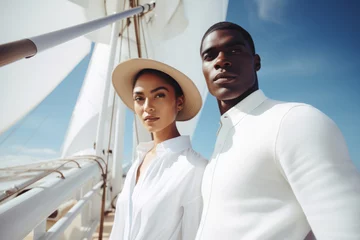 Tafelkleed Lovely couple dressed in white on yacht deck, sailing in the sea. Handsome man and beautiful woman having romantic date. Luxury travel concept. © MNStudio