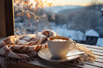 Cozy warm winter composition with cup of hot coffee or chocolate, cozy blanket and snowy landscape on sunny winter day. Winter home decor. Christmas. New Years Eve. - Powered by Adobe