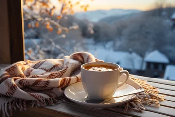 Foto op Plexiglas Cozy warm winter composition with cup of hot coffee or chocolate, cozy blanket and snowy landscape on sunny winter day. Winter home decor. Christmas. New Years Eve. © MNStudio